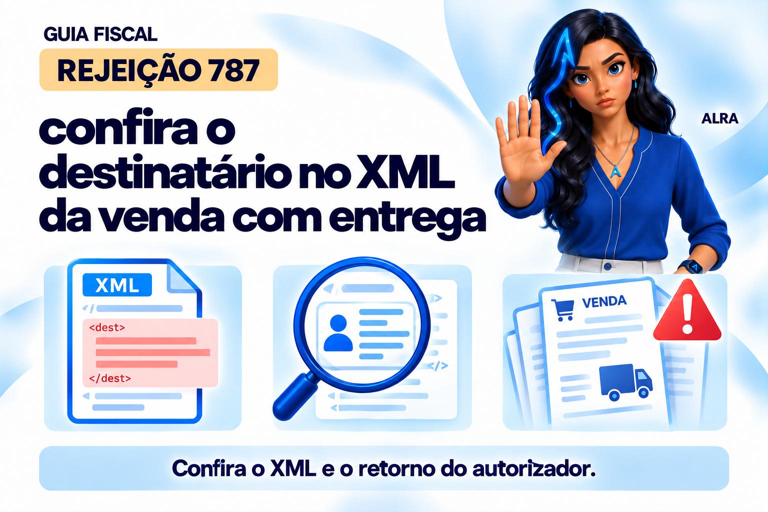 Capa ilustrada da ALRA: Rejeição 787: confira o destinatário no XML da venda com entrega.