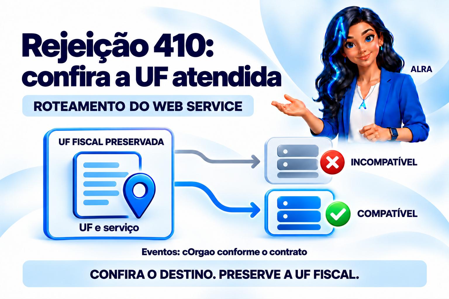 Capa ilustrada da ALRA: Rejeição 410: como conferir a UF atendida pelo Web Service.