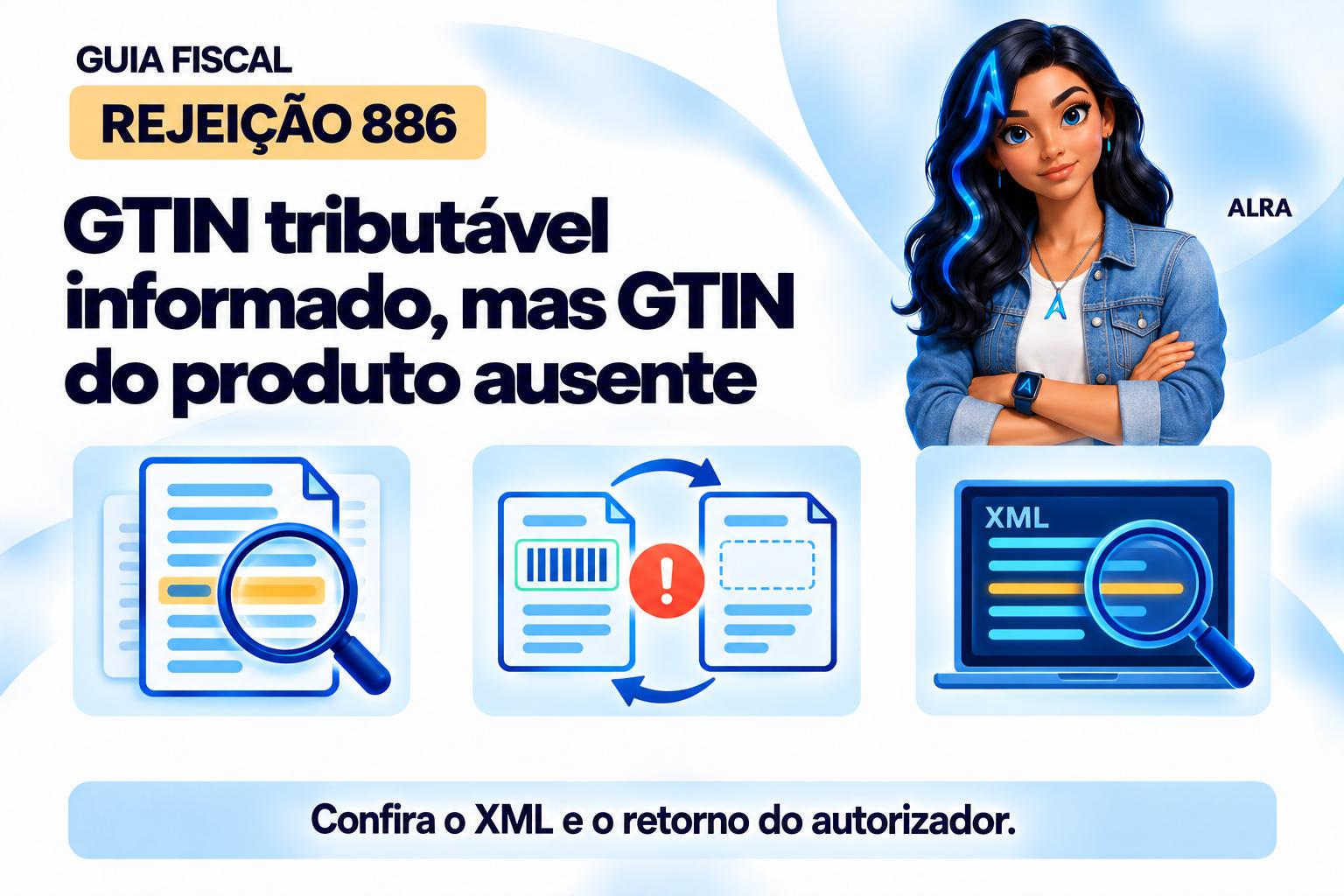 Capa ilustrada da ALRA: Rejeição 886: GTIN tributável informado, mas GTIN do produto ausente.