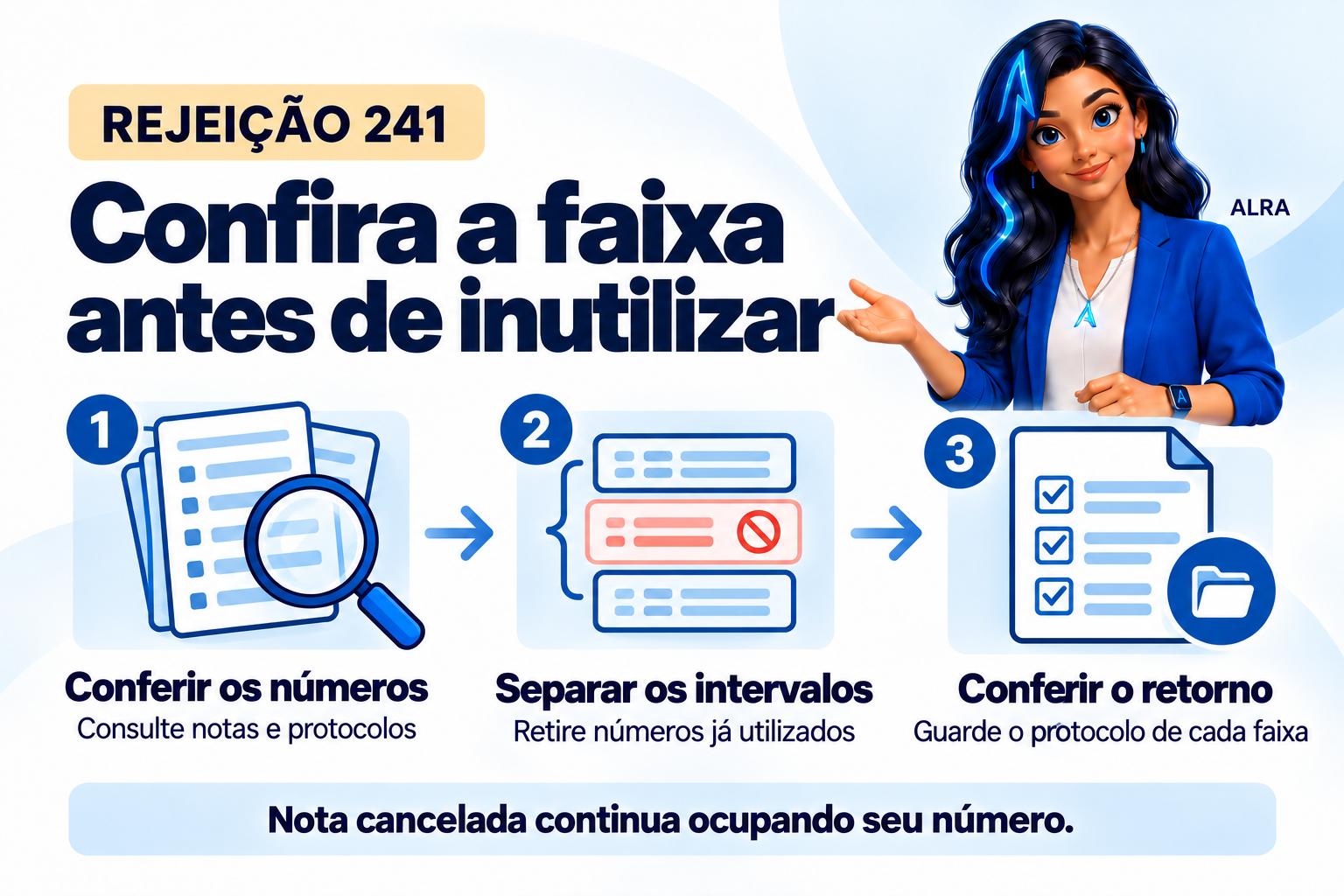 Capa ilustrada da ALRA: Rejeição 241: como conferir a faixa de numeração antes de inutilizar.