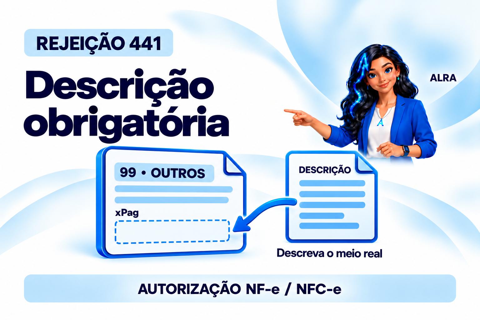 Capa ilustrada da ALRA: Rejeição 441: informe a descrição quando o pagamento for “Outros”.