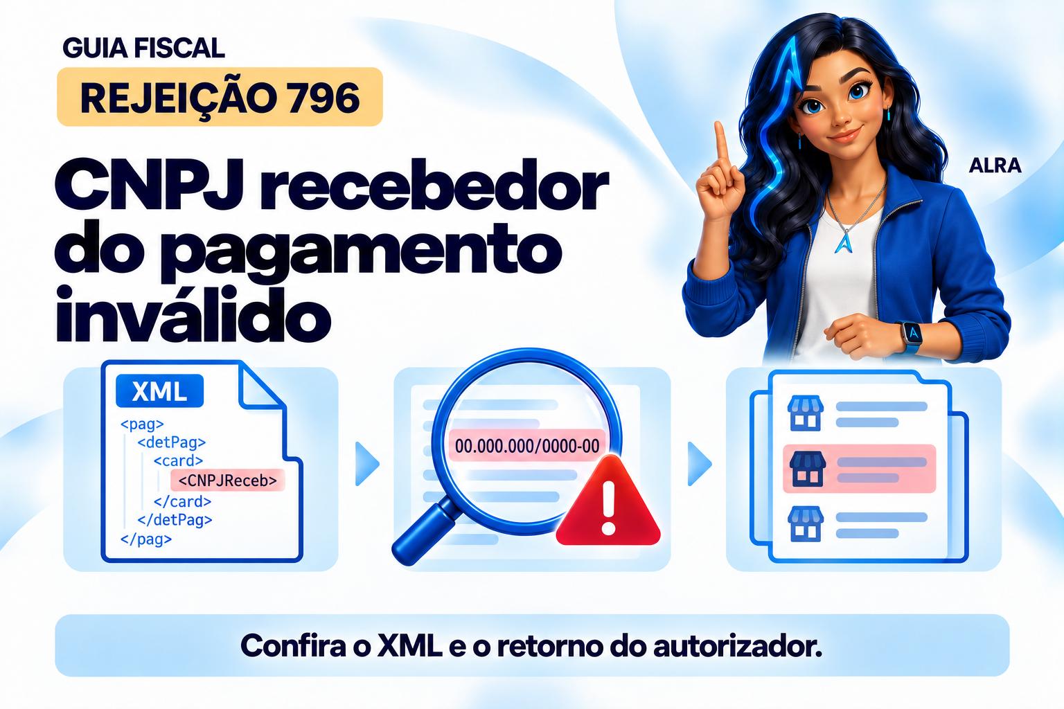 Capa ilustrada da ALRA: Rejeição 796: CNPJ recebedor do pagamento inválido.