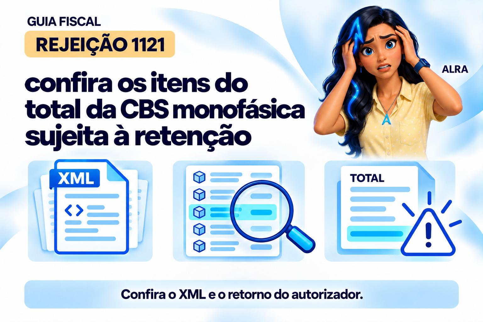 Capa ilustrada da ALRA: Rejeição 1121: confira os itens do total da CBS monofásica sujeita à retenção.
