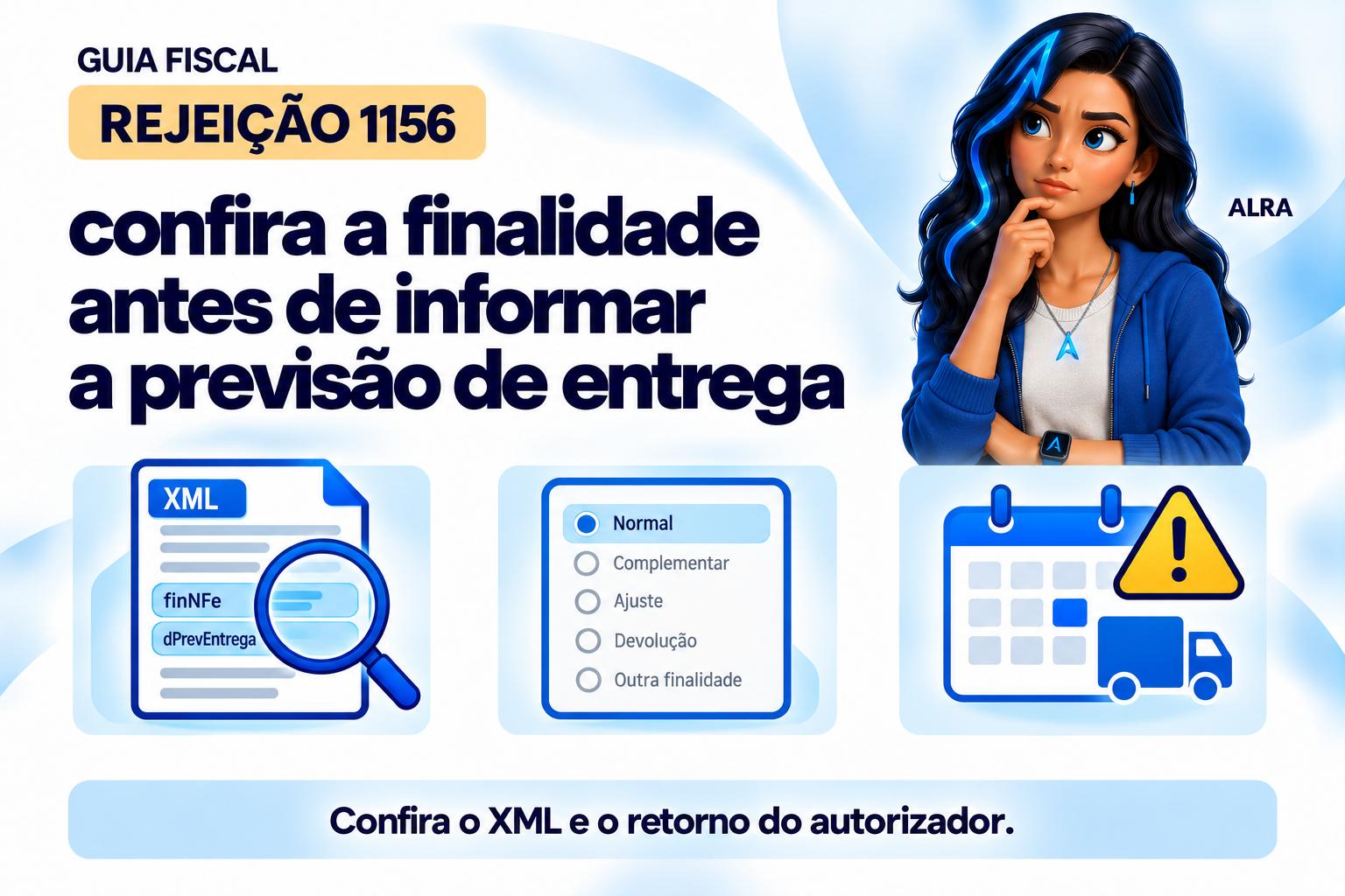 Capa ilustrada da ALRA: Rejeição 1156: confira a finalidade antes de informar a previsão de entrega.