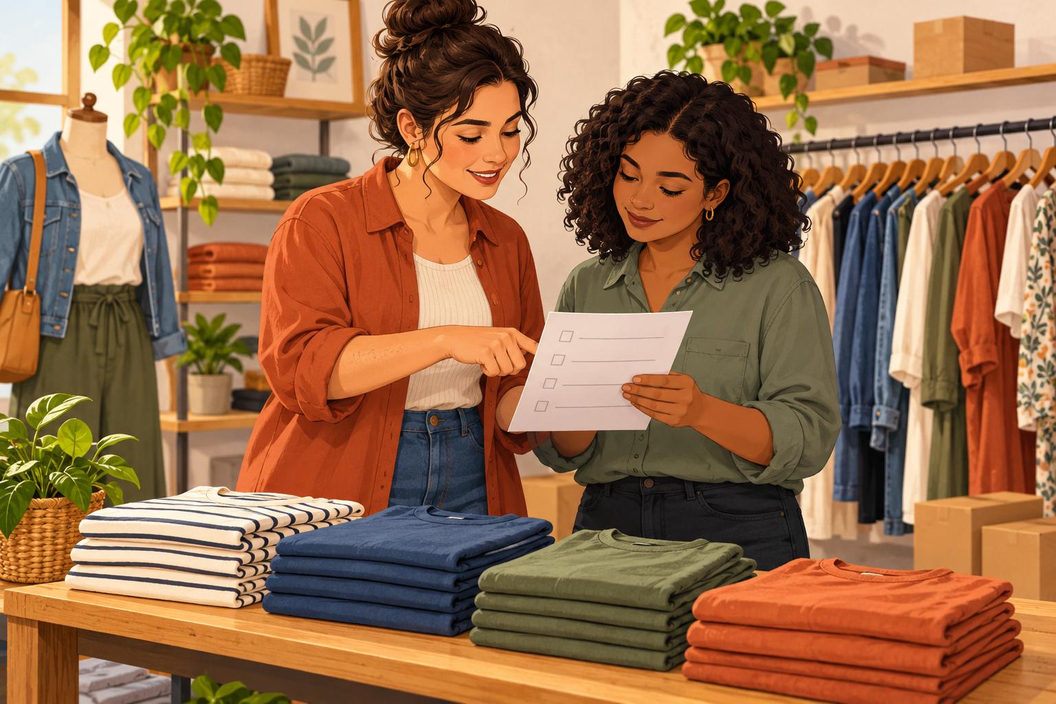 Ilustração de duas mulheres conferindo uma ficha de tarefas ao lado de uma mesa com roupas dobradas em uma loja.