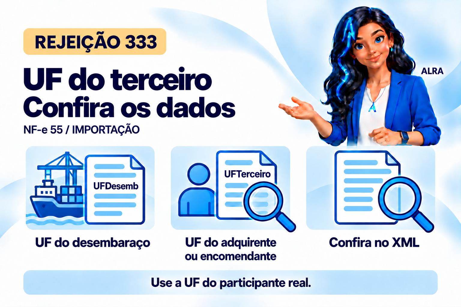 Capa ilustrada da ALRA: Rejeição 333: informe a UF do adquirente ou encomendante.
