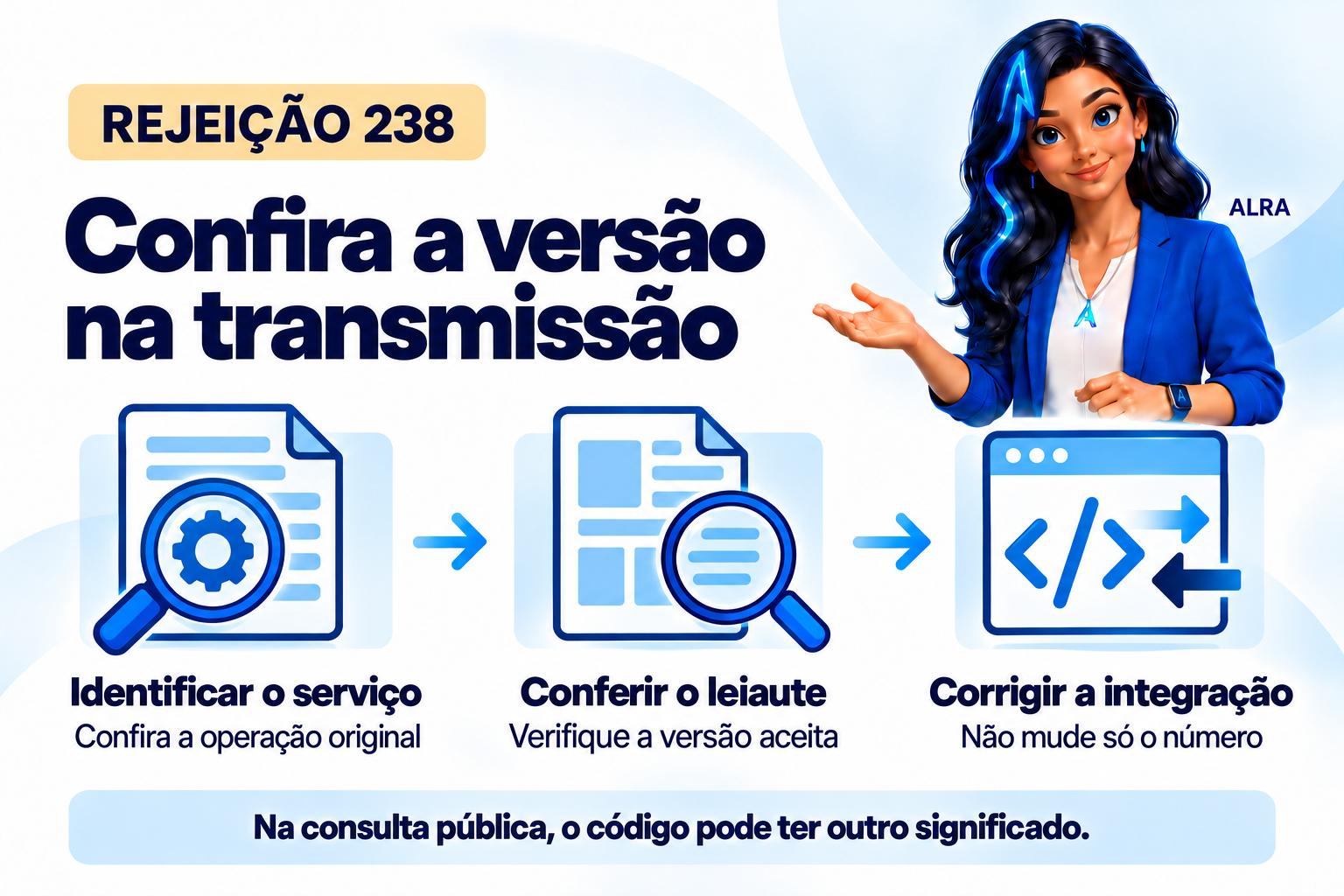 Capa ilustrada da ALRA: Rejeição 238: como conferir a versão do XML e o serviço utilizado.