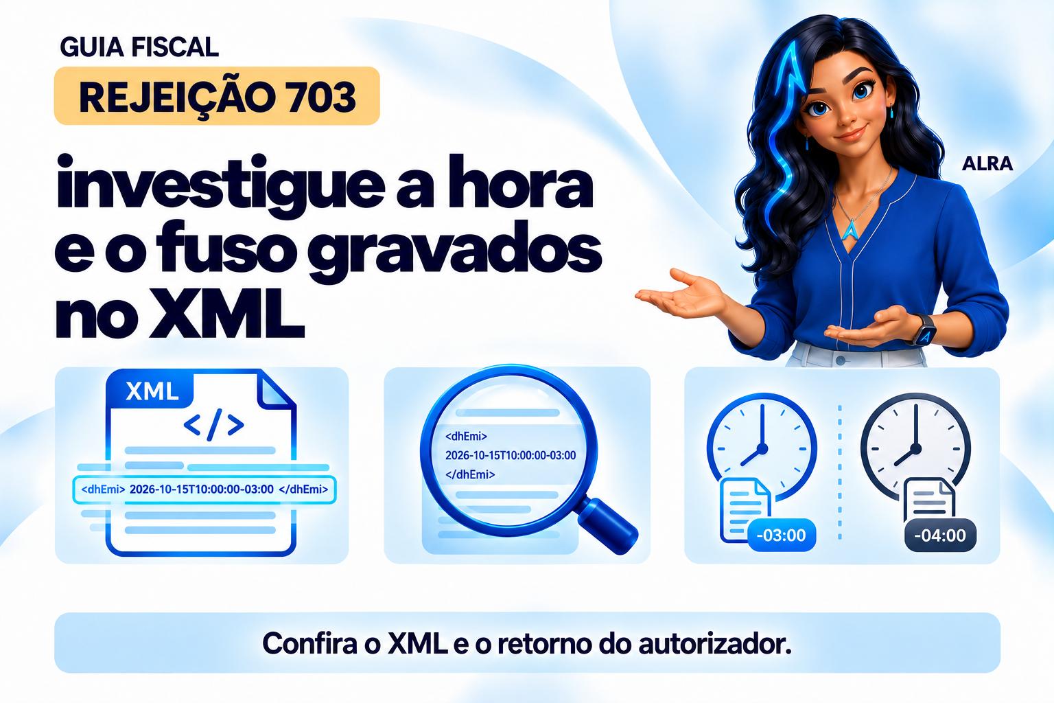Capa ilustrada da ALRA: Rejeição 703: investigue a hora e o fuso gravados no XML.