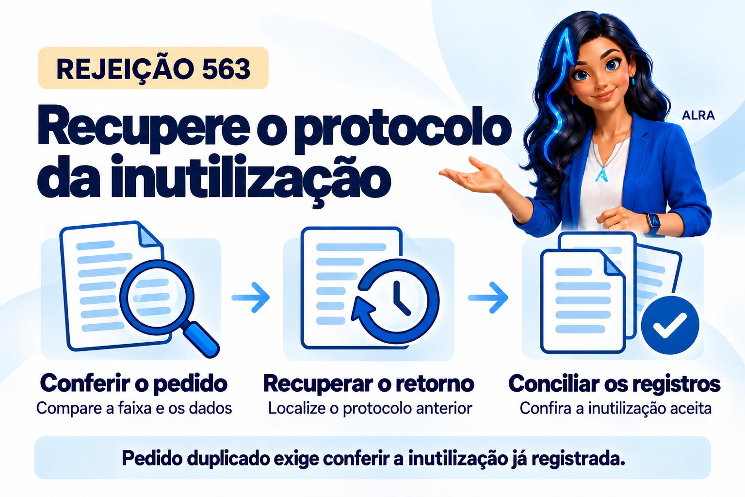 Capa ilustrada da ALRA: Rejeição 563: pedido de inutilização repetido. Recupere o resultado anterior.