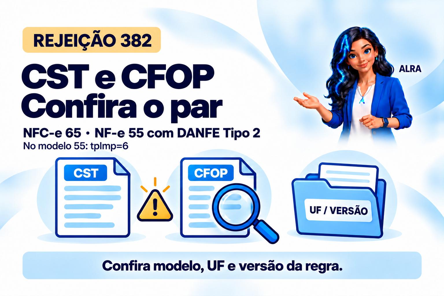 Capa ilustrada da ALRA: Rejeição 382: confira o par CFOP e CST do item.