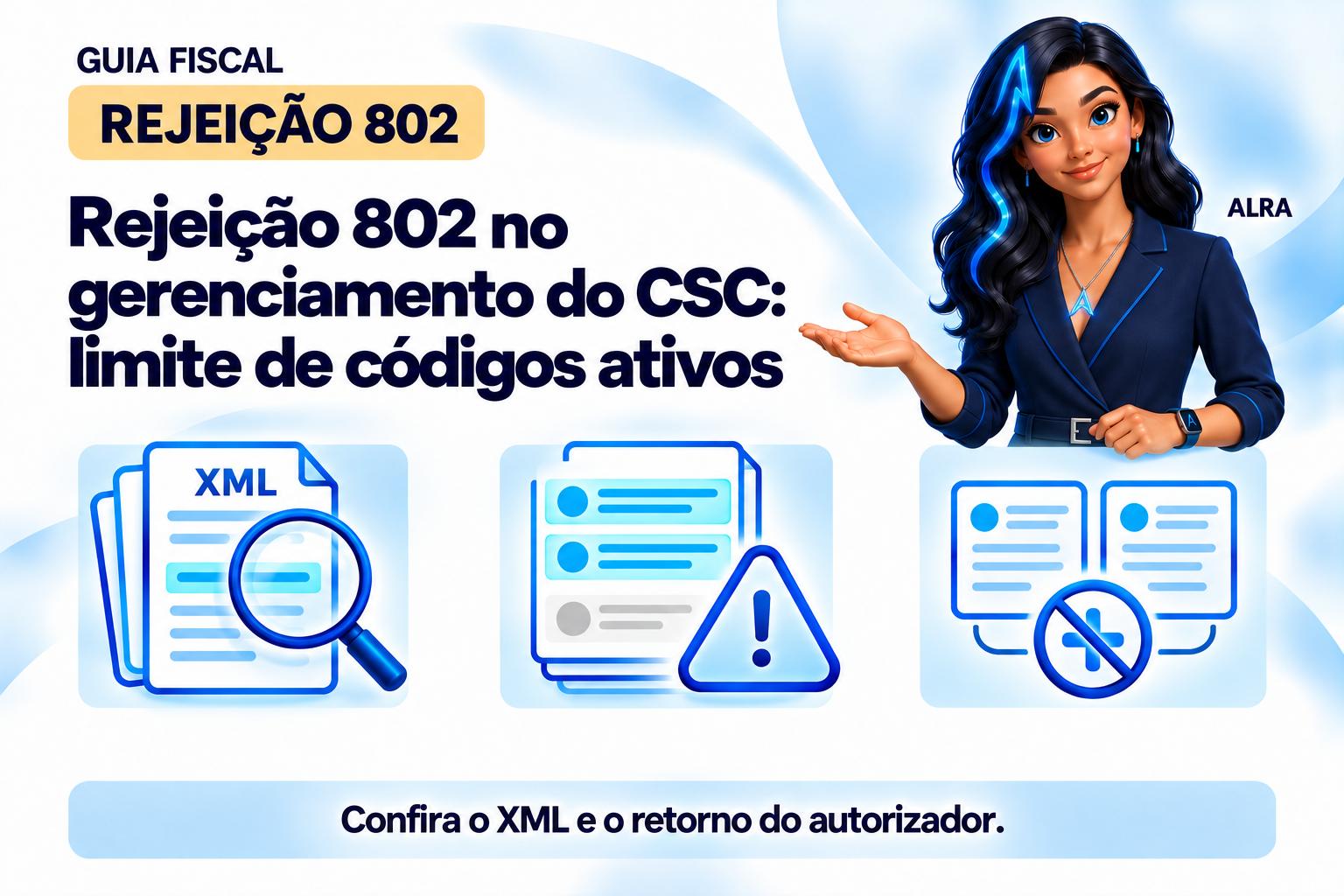 Capa ilustrada da ALRA: Rejeição 802 no gerenciamento do CSC: limite de códigos ativos.