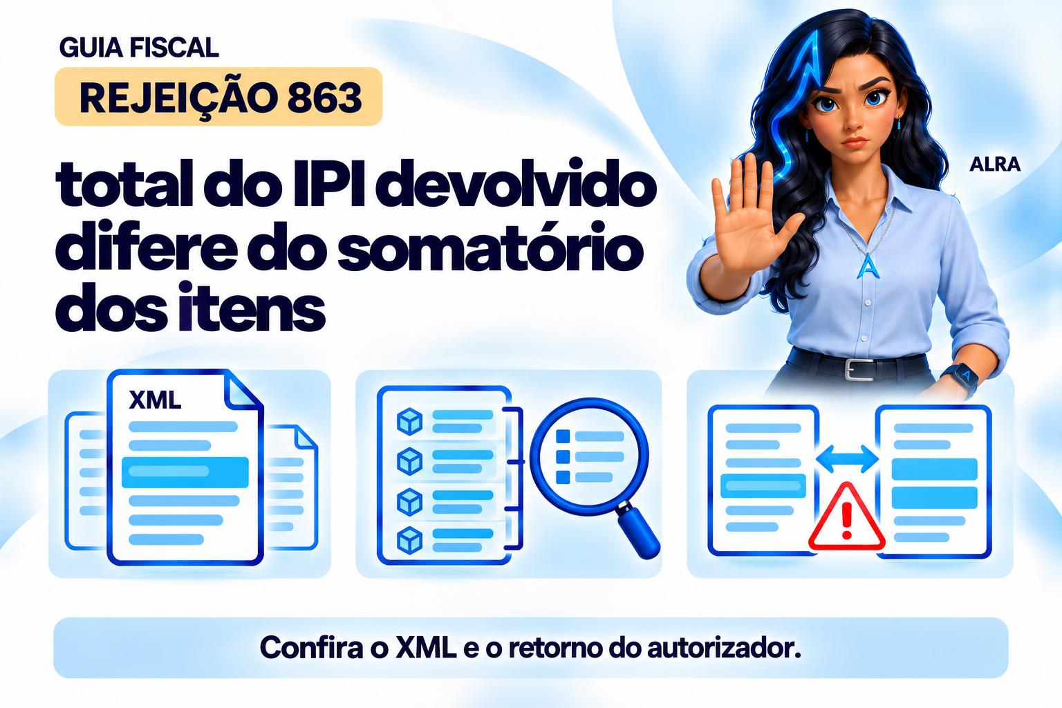 Capa ilustrada da ALRA: Rejeição 863: total do IPI devolvido difere do somatório dos itens.
