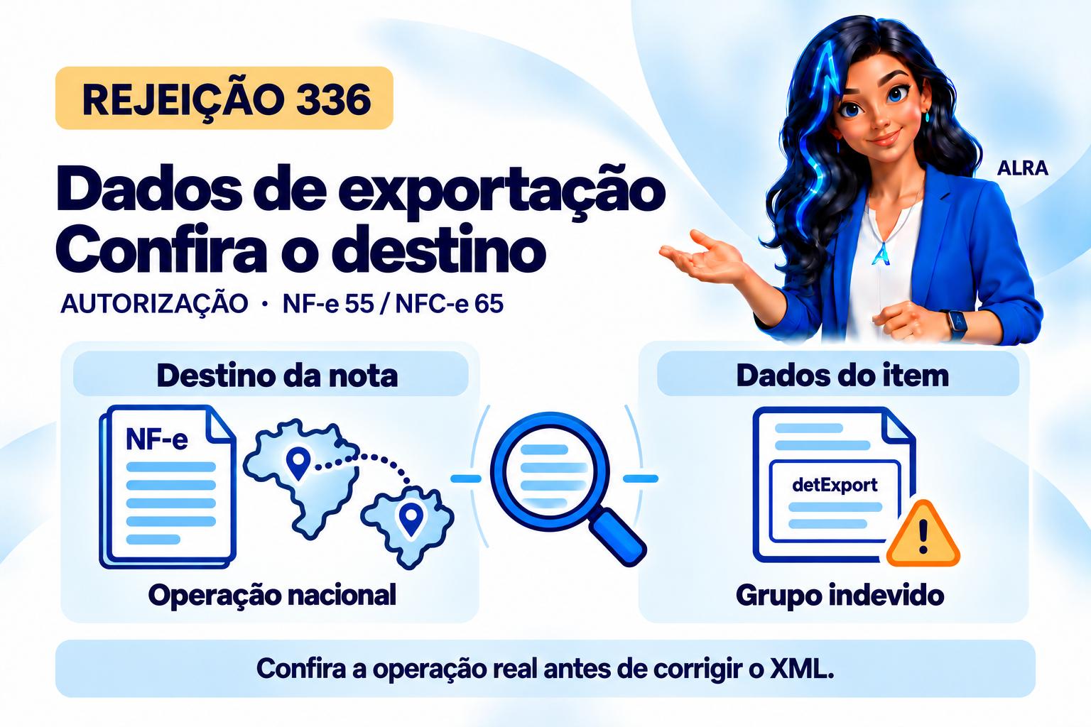 Capa ilustrada da ALRA: Rejeição 336: confira o destino antes de retirar os dados de exportação do item.