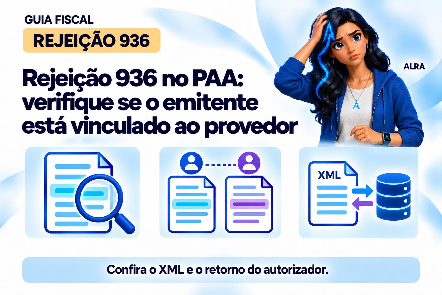 Capa ilustrada da ALRA: Rejeição 936 no PAA: verifique se o emitente está vinculado ao provedor.