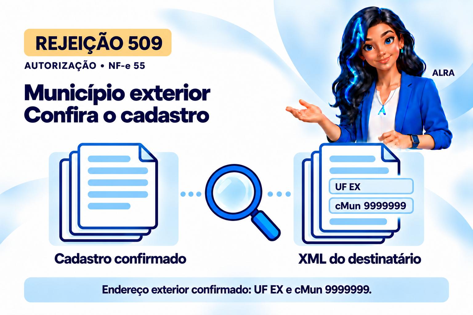 Capa ilustrada da ALRA: Rejeição 509: como informar o município do destinatário no exterior.