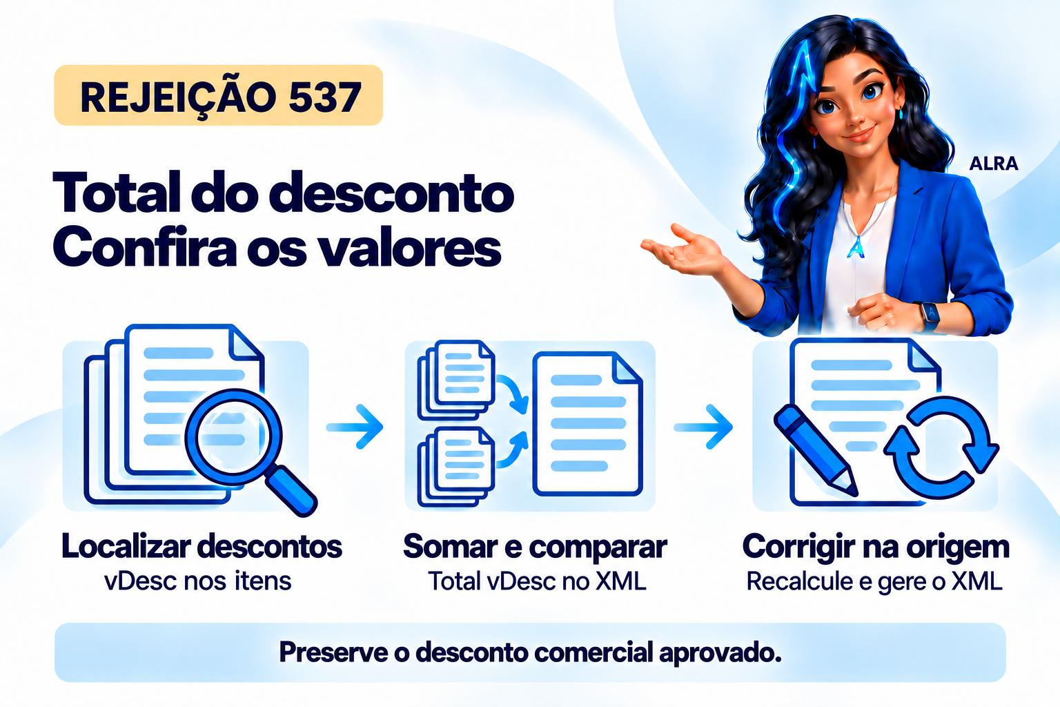Capa ilustrada da ALRA: Rejeição 537: como encontrar a diferença no total dos descontos.
