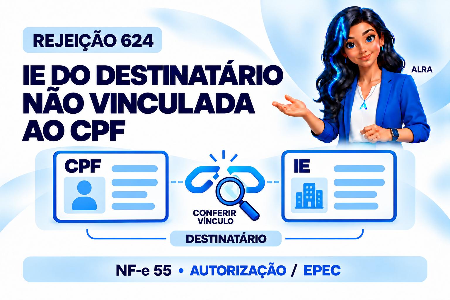Capa ilustrada da ALRA: Rejeição 624: IE do destinatário não vinculada ao CPF.