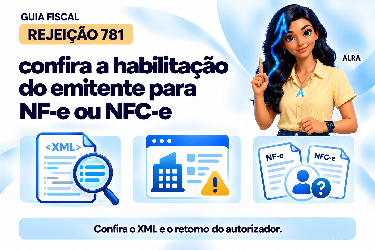 Capa ilustrada da ALRA: Rejeição 781: confira a habilitação do emitente para NF-e ou NFC-e.