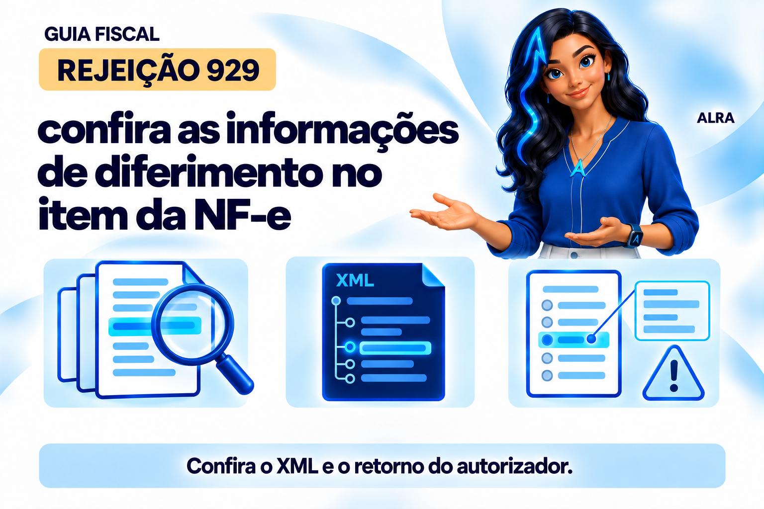 Capa ilustrada da ALRA: Rejeição 929: confira as informações de diferimento no item da NF-e.
