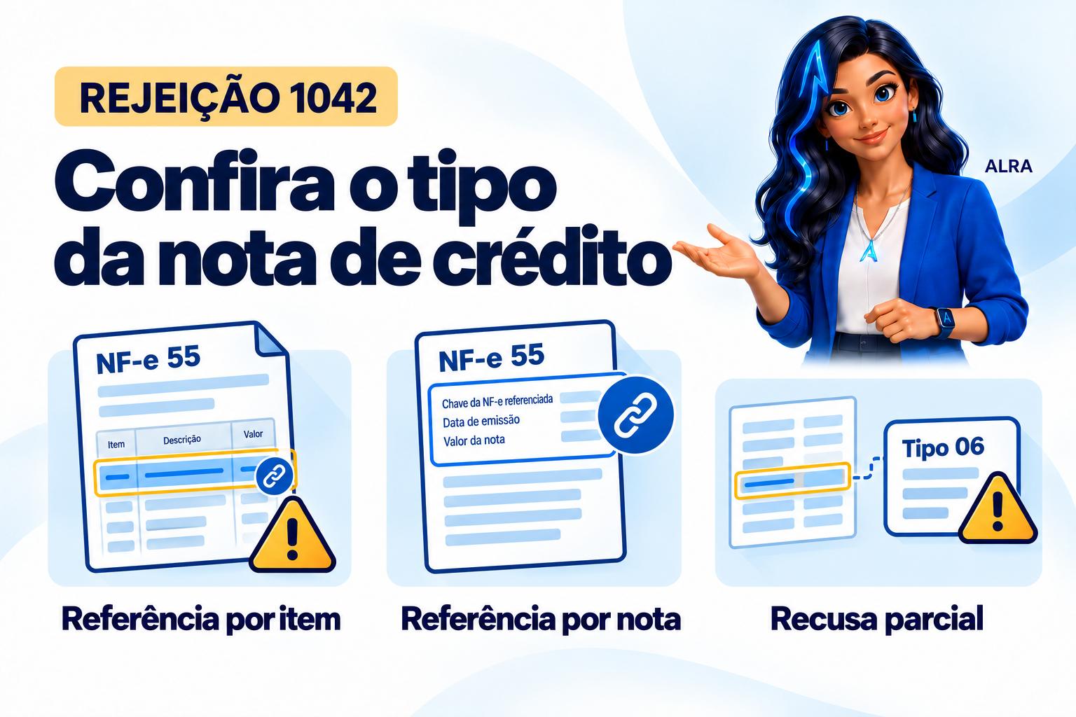 Capa ilustrada da ALRA: Rejeição 1042: quando a nota de crédito não pode referenciar documentos por item.