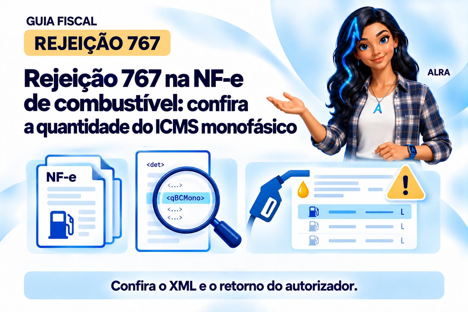 Capa ilustrada da ALRA: Rejeição 767 na NF-e de combustível: confira a quantidade do ICMS monofásico.