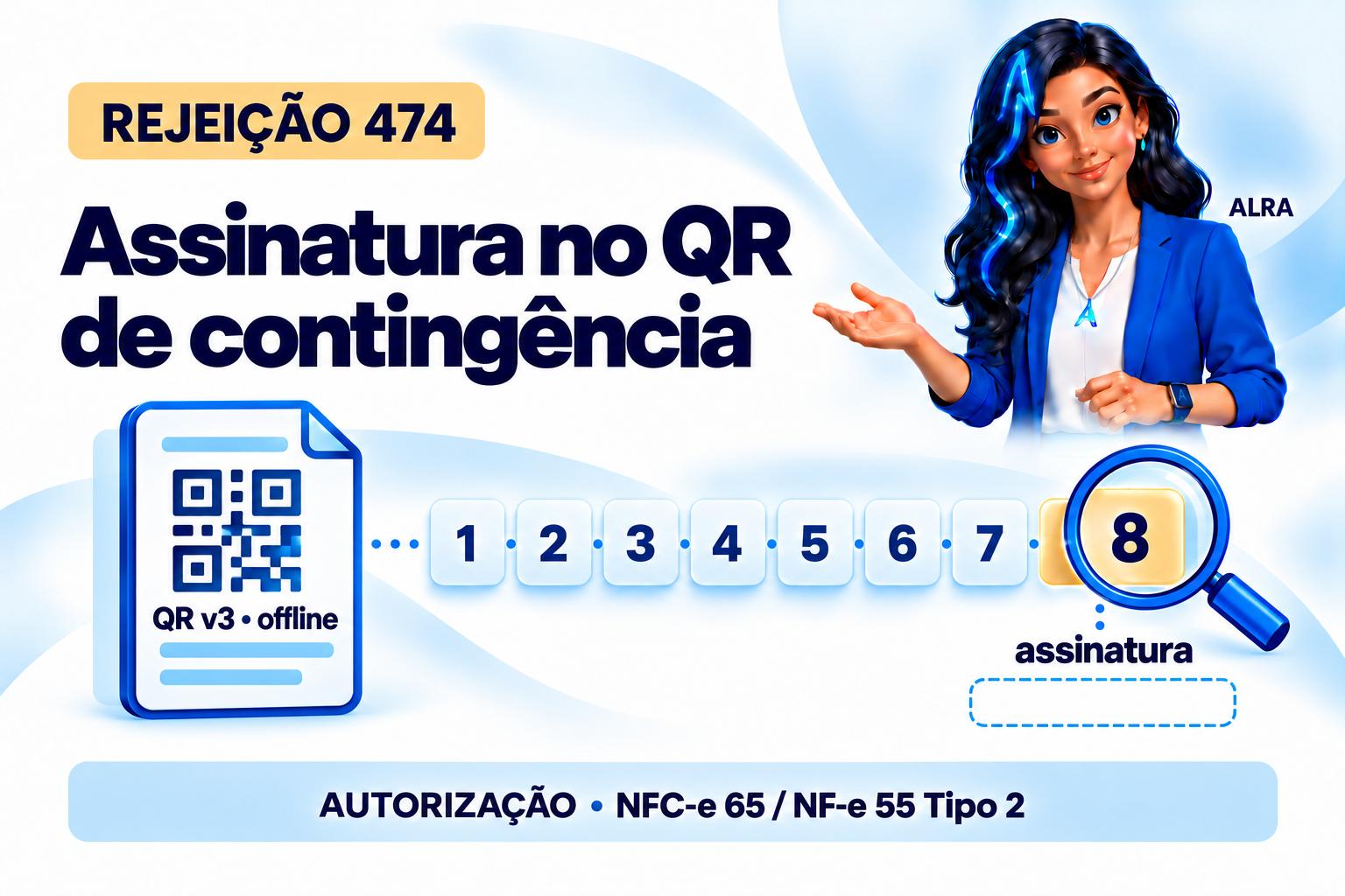 Capa ilustrada da ALRA: Rejeição 474: assinatura ausente no QR Code de contingência.