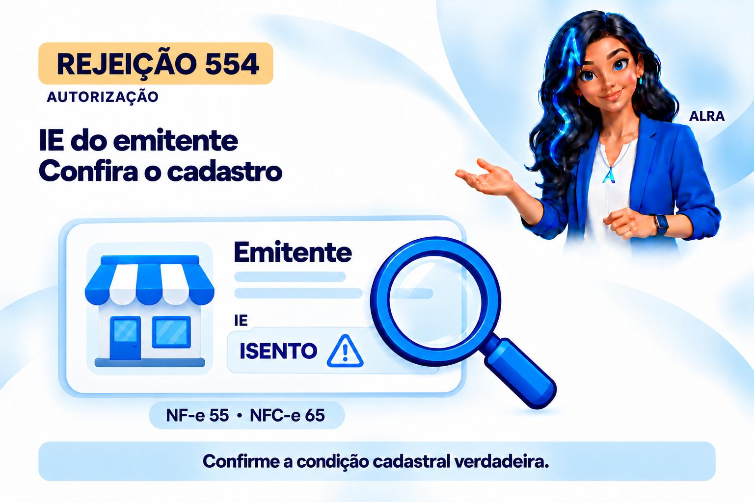Capa ilustrada da ALRA: Rejeição 554: IE do emitente informada como ISENTO indevidamente.
