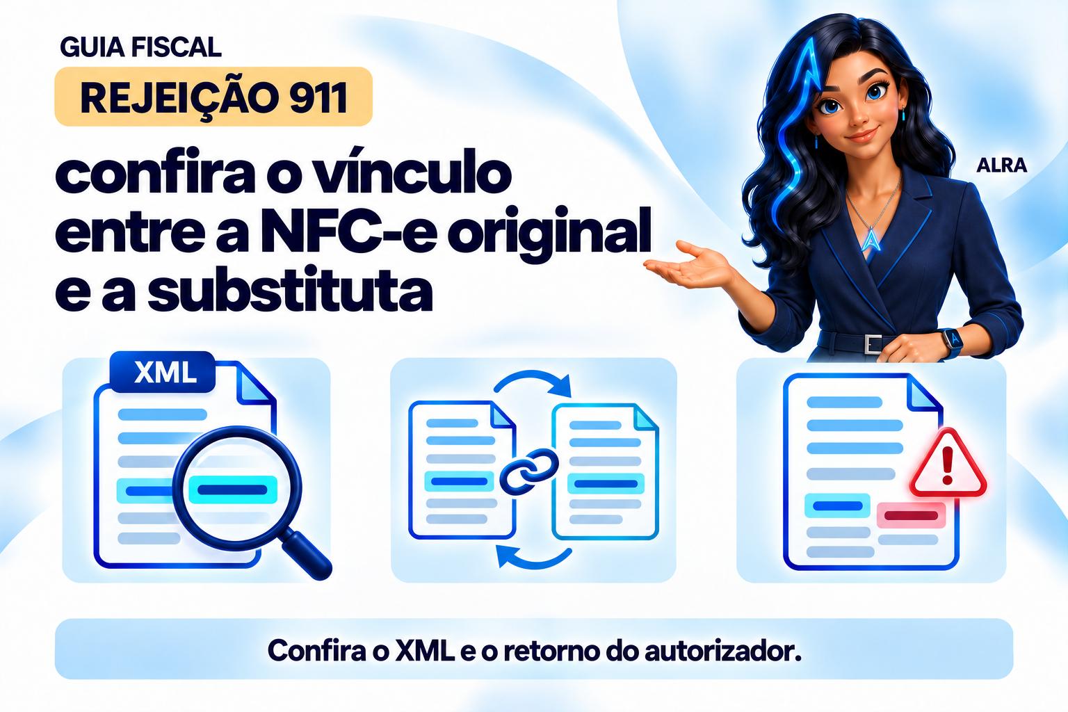 Capa ilustrada da ALRA: Rejeição 911: confira o vínculo entre a NFC-e original e a substituta.