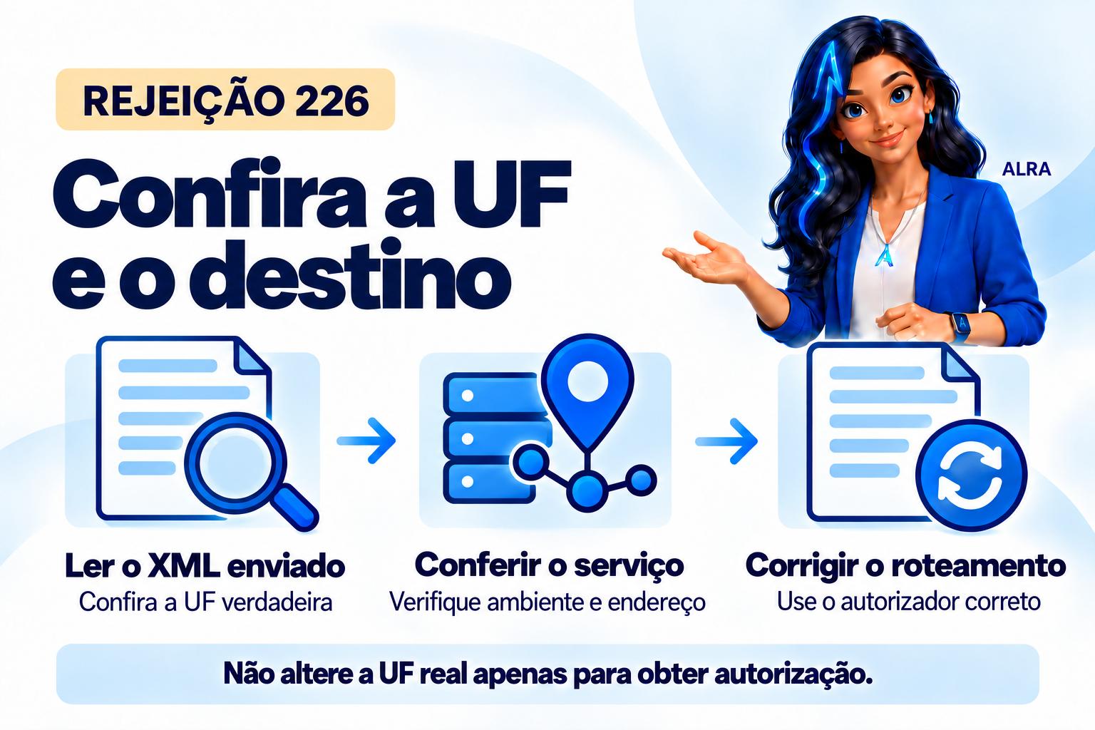 Capa ilustrada da ALRA: Rejeição 226: código da UF do emitente diverge da UF autorizadora.