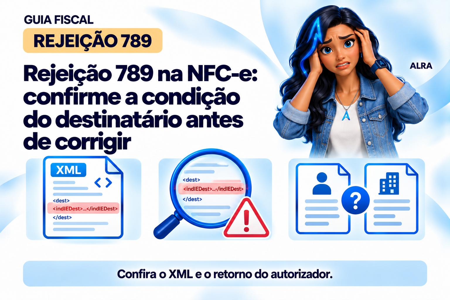 Capa ilustrada da ALRA: Rejeição 789 na NFC-e: confirme a condição do destinatário antes de corrigir.