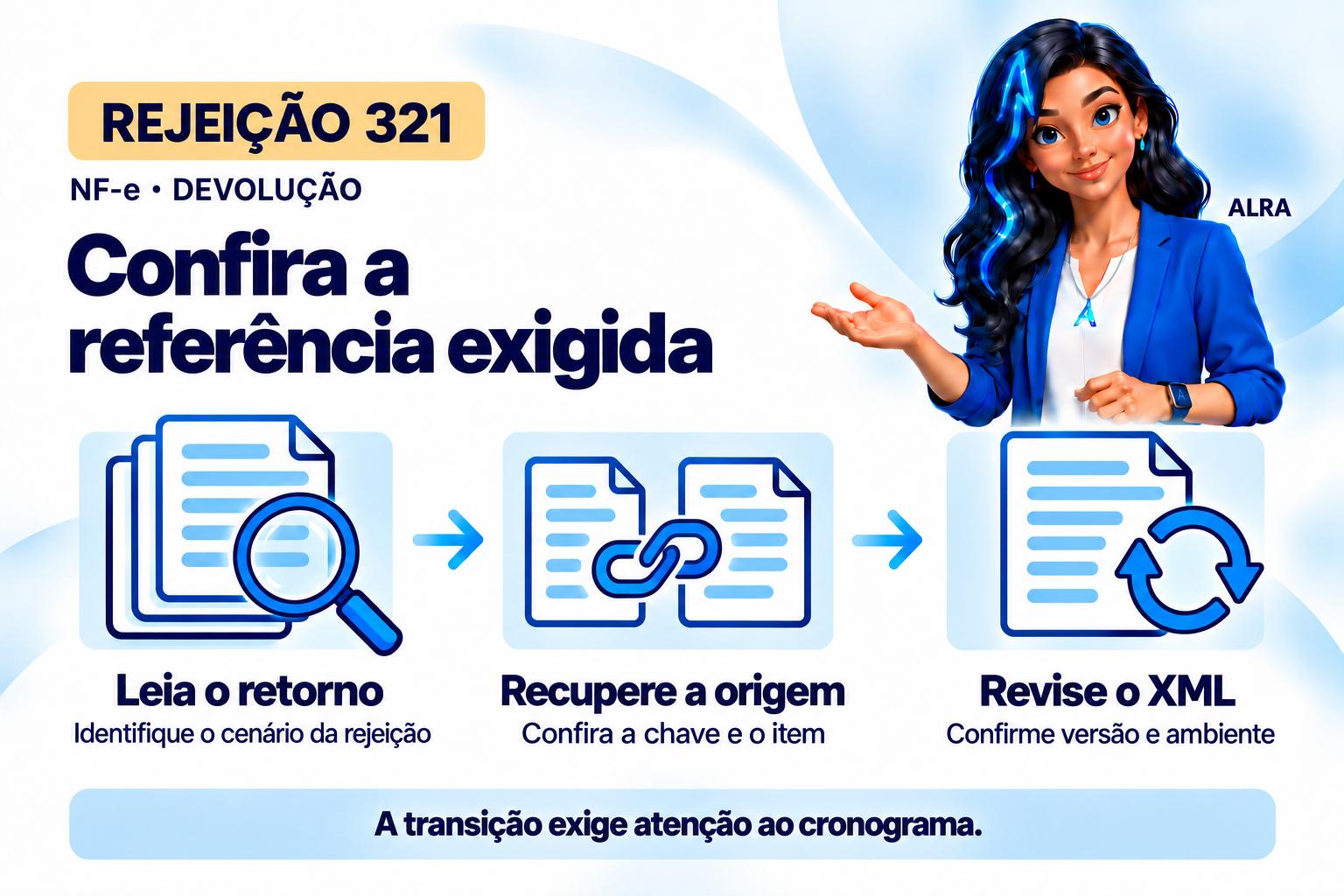 Capa ilustrada da ALRA: Rejeição 321: como vincular a devolução à nota e ao item de origem.