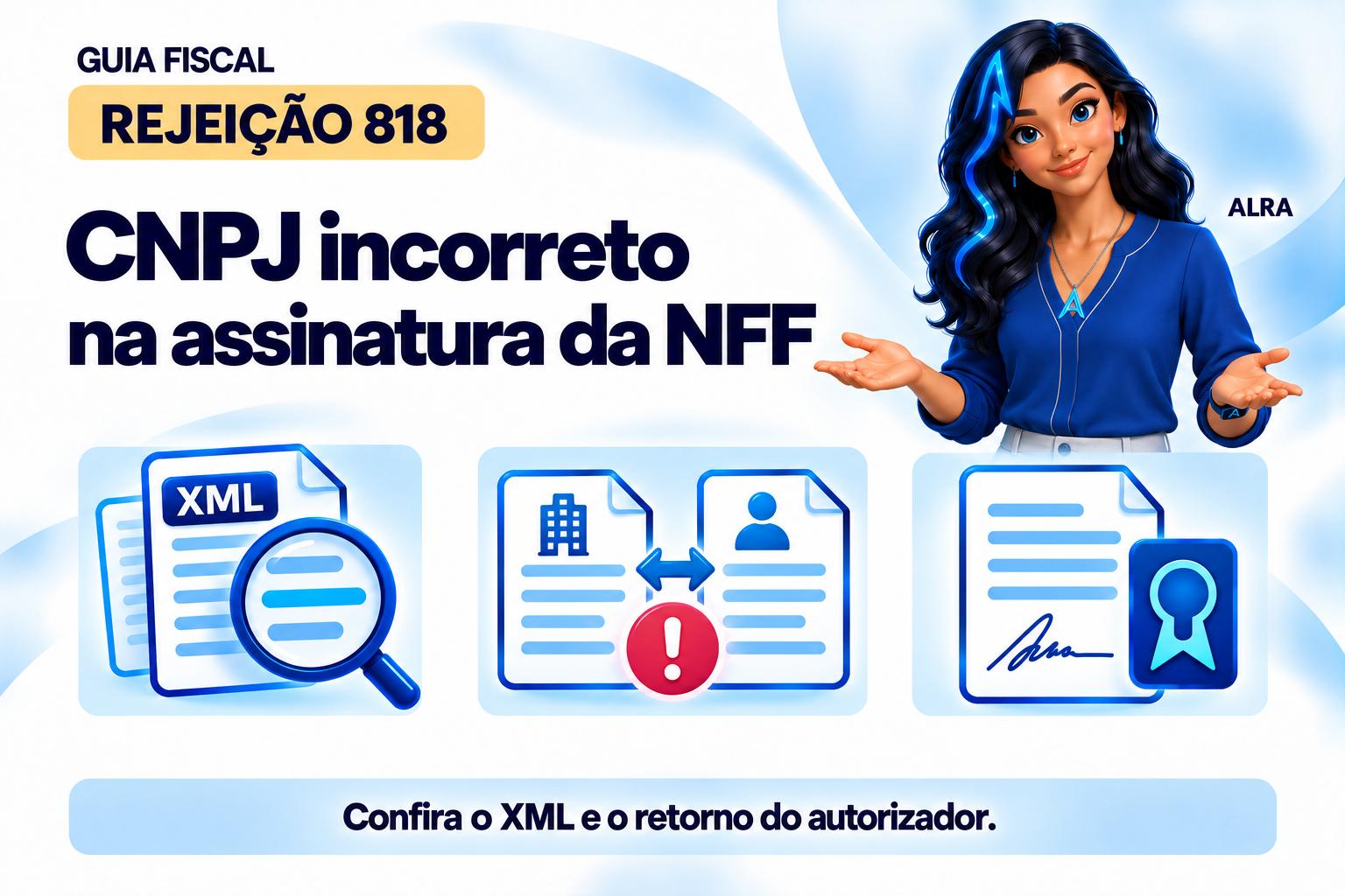 Capa ilustrada da ALRA: Rejeição 818: CNPJ incorreto na assinatura da NFF.