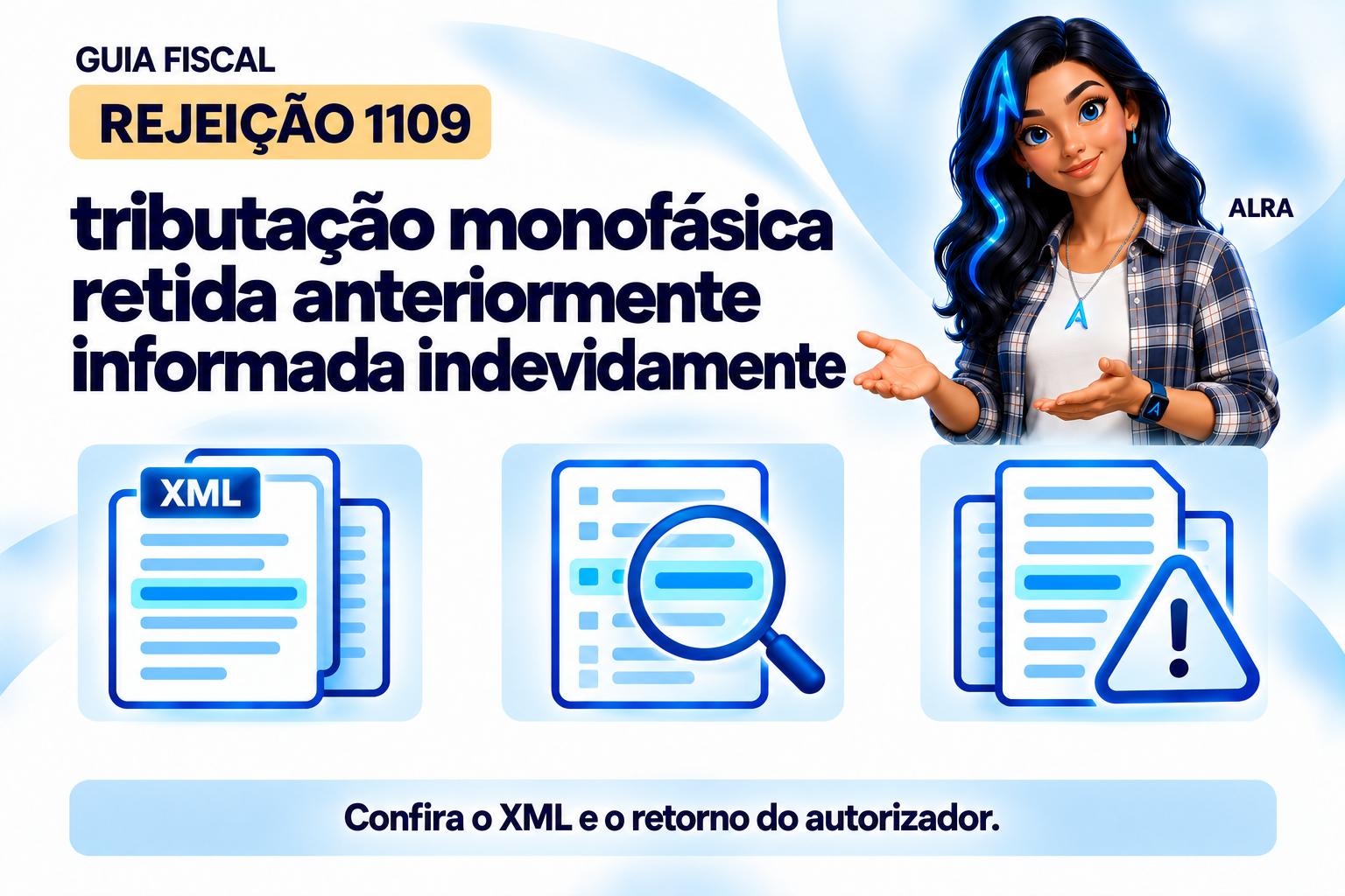 Capa ilustrada da ALRA: Rejeição 1109: tributação monofásica retida anteriormente informada indevidamente.