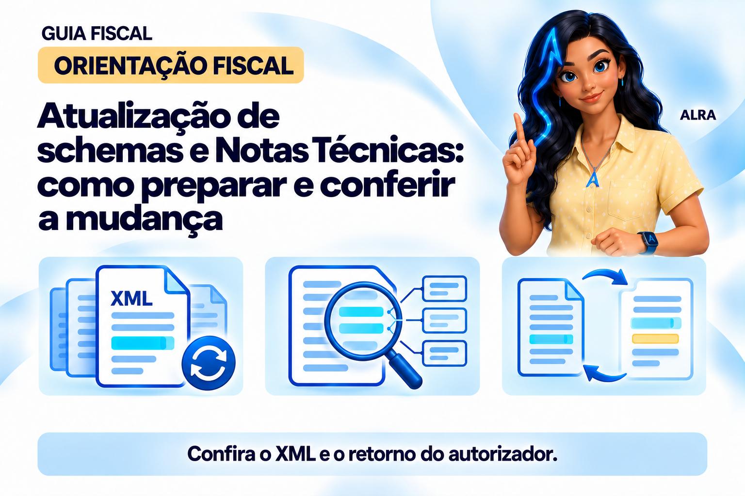 Capa ilustrada da ALRA: Atualização de schemas e Notas Técnicas: como preparar e conferir a mudança.