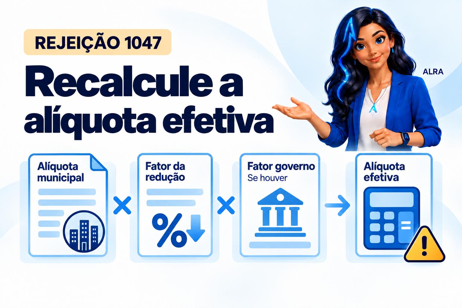 Capa ilustrada da ALRA: Rejeição 1047: recalcule a alíquota efetiva do IBS municipal.