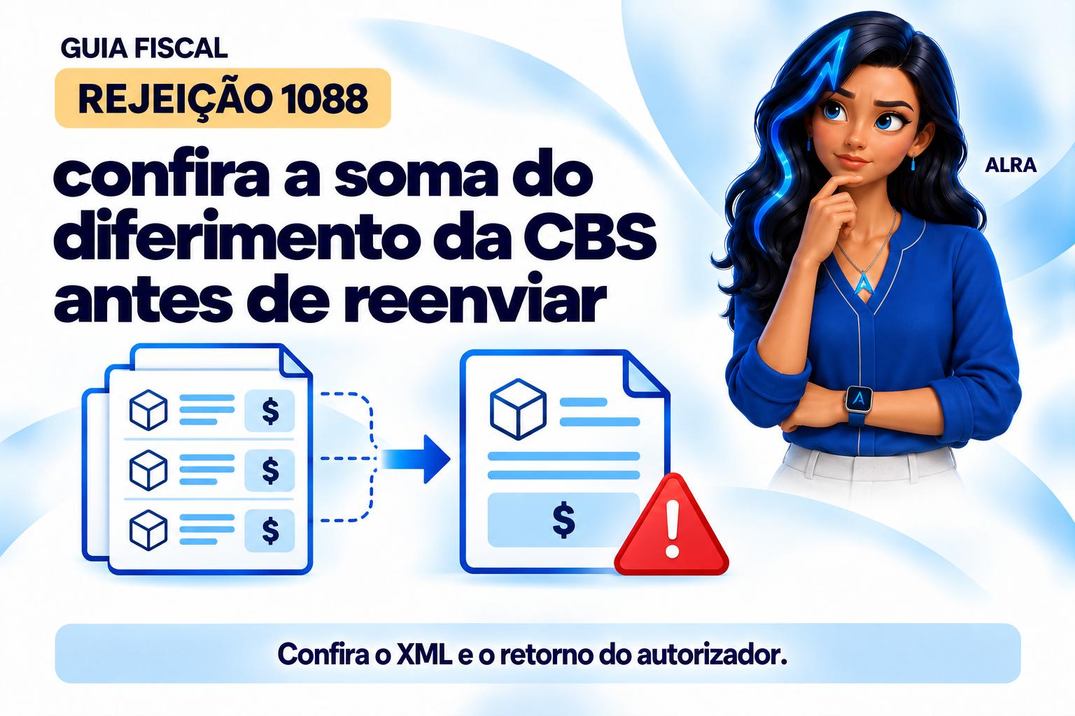 Capa ilustrada da ALRA: Rejeição 1088: confira a soma do diferimento da CBS antes de reenviar.
