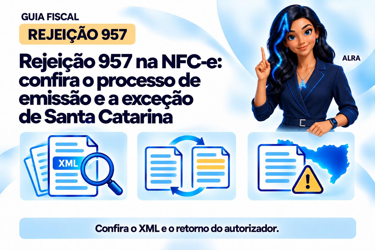 Capa ilustrada da ALRA: Rejeição 957 na NFC-e: confira o processo de emissão e a exceção de Santa Catarina.