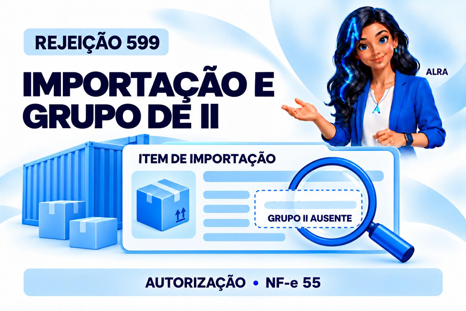 Capa ilustrada da ALRA: Rejeição 599 na NF-e de importação sem grupo de II.