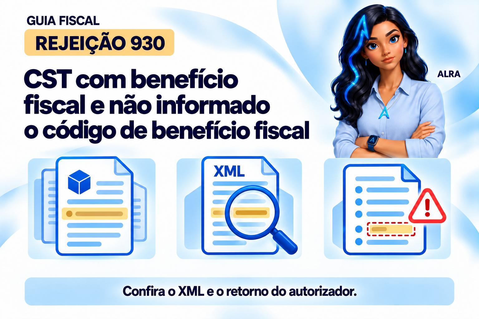 Capa ilustrada da ALRA: Rejeição 930: CST com benefício fiscal e não informado o código de benefício fiscal.