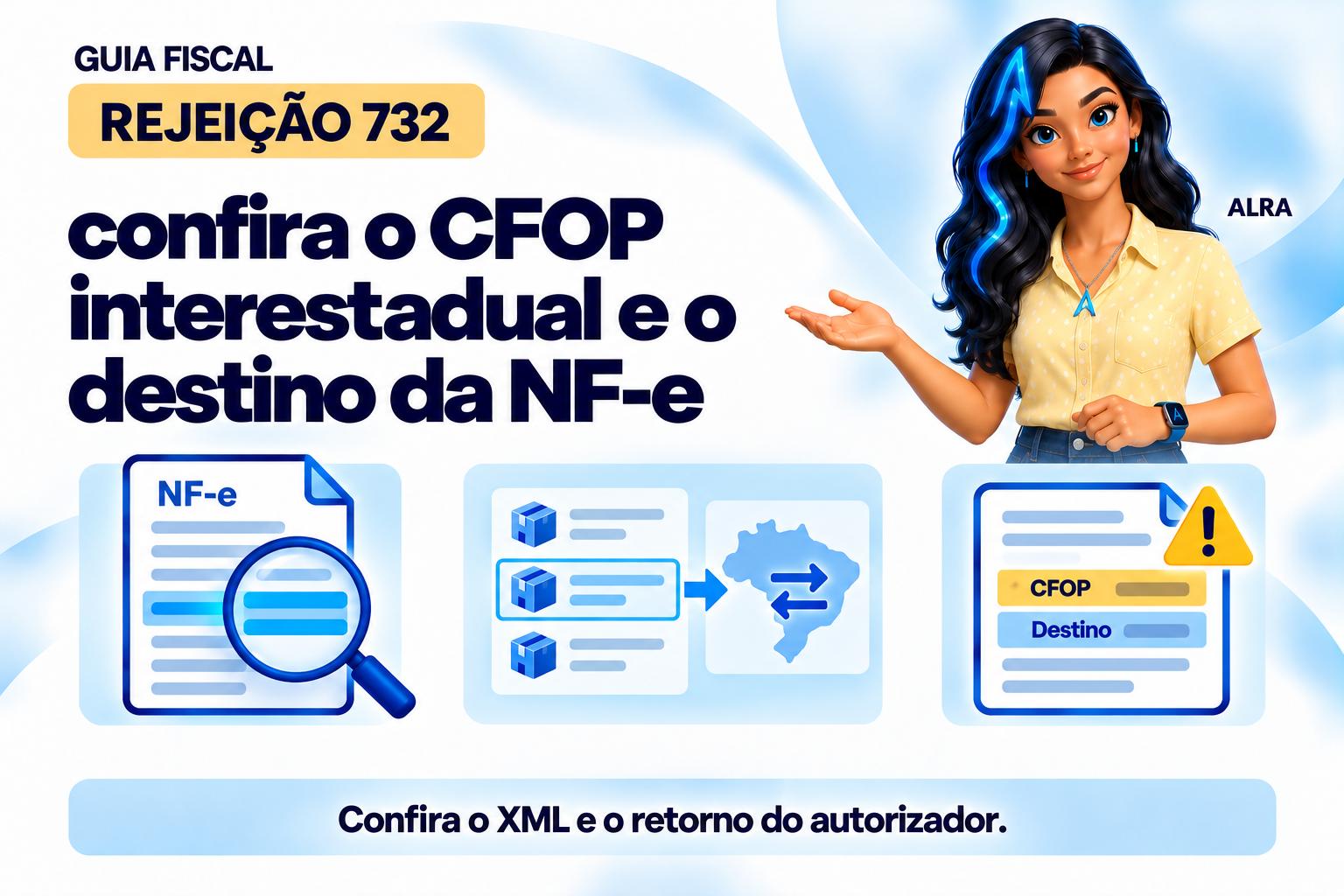 Capa ilustrada da ALRA: Rejeição 732: confira o CFOP interestadual e o destino da NF-e.