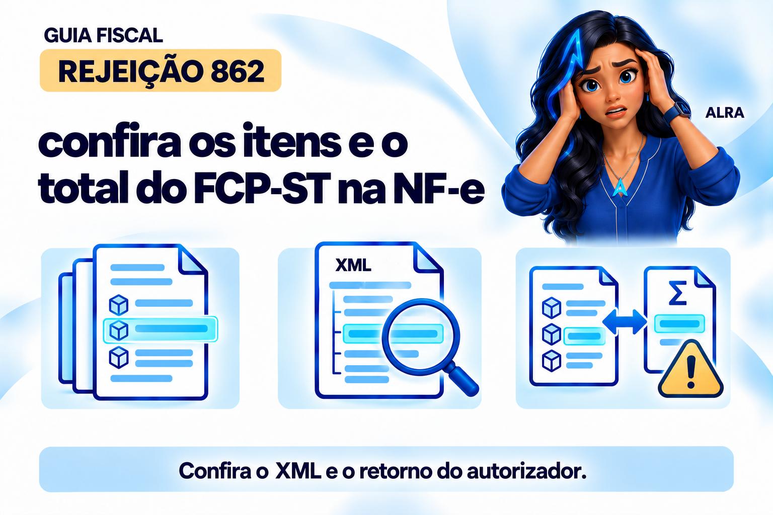 Capa ilustrada da ALRA: Rejeição 862: confira os itens e o total do FCP-ST na NF-e.
