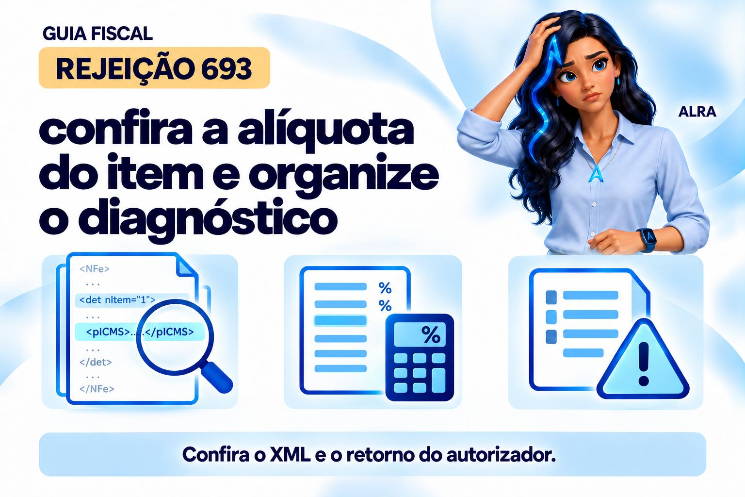 Capa ilustrada da ALRA: Rejeição 693: confira a alíquota do item e organize o diagnóstico.