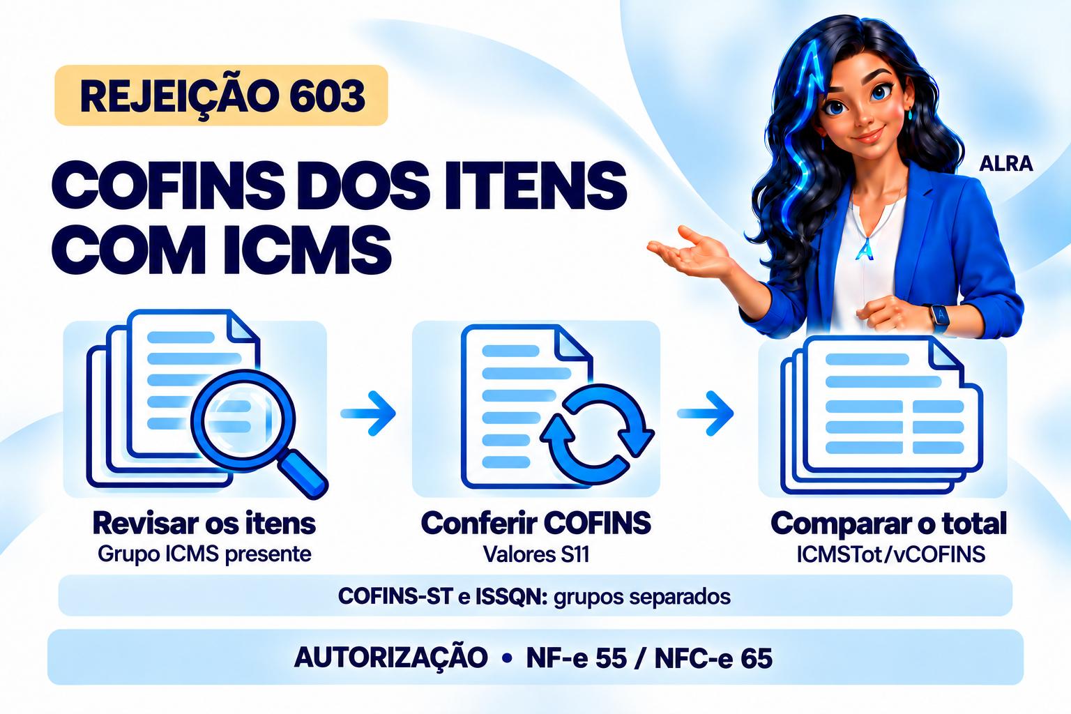 Capa ilustrada da ALRA: Rejeição 603: como reconciliar a COFINS dos itens com o total da nota.