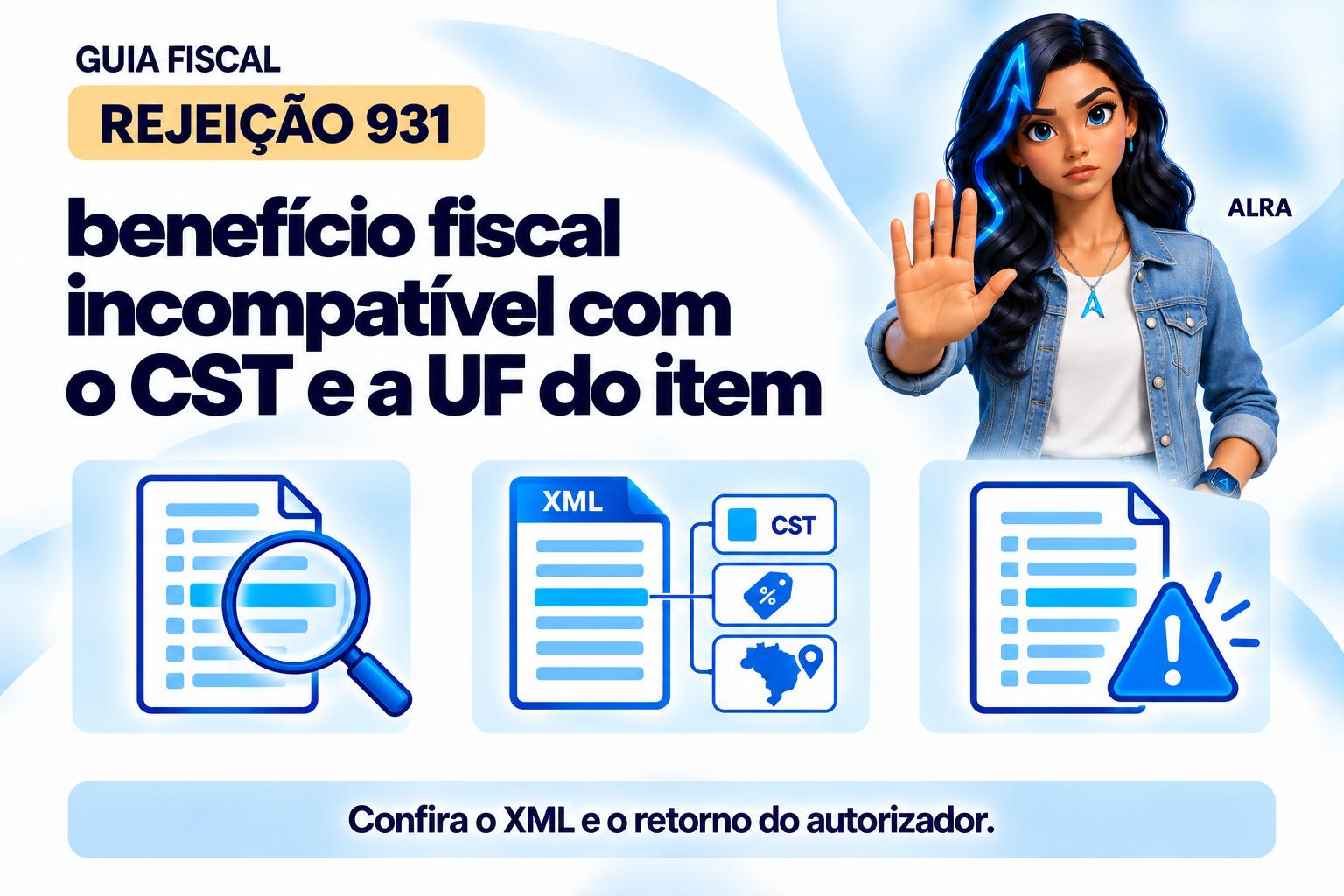 Capa ilustrada da ALRA: Rejeição 931: benefício fiscal incompatível com o CST e a UF do item.