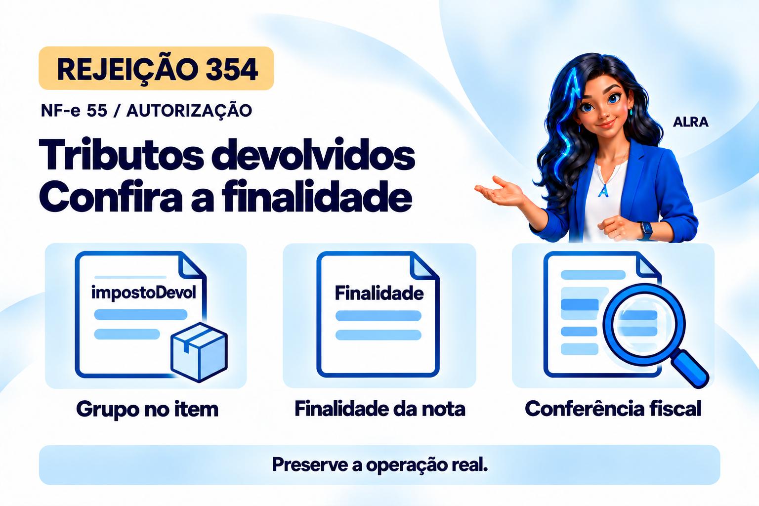 Capa ilustrada da ALRA: Rejeição 354 na NF-e: como revisar o grupo de tributos devolvidos.