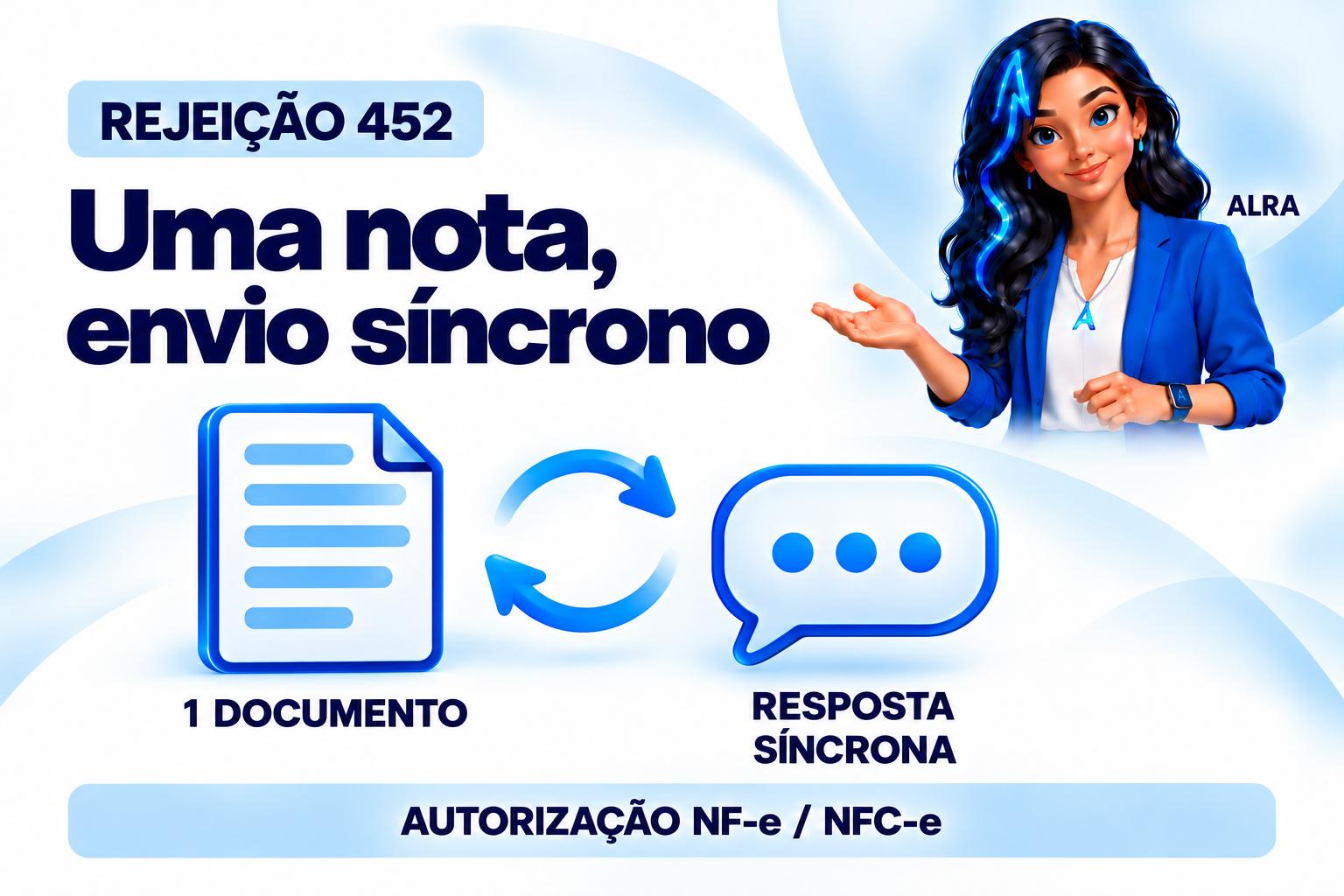 Capa ilustrada da ALRA: Rejeição 452: ajuste o envio de uma única NFC-e ou NF-e para resposta síncrona.