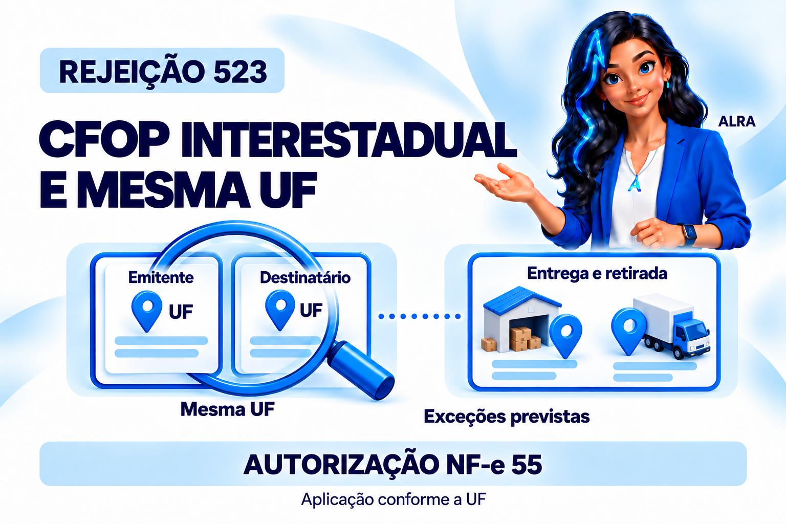 Capa ilustrada da ALRA: Rejeição 523: CFOP interestadual com emitente e destinatário na mesma UF.