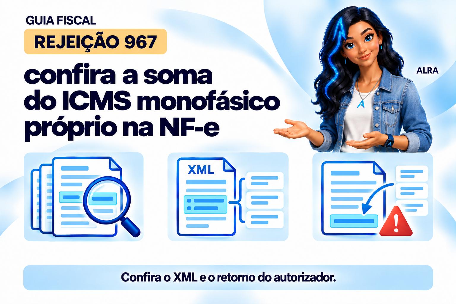 Capa ilustrada da ALRA: Rejeição 967: confira a soma do ICMS monofásico próprio na NF-e.