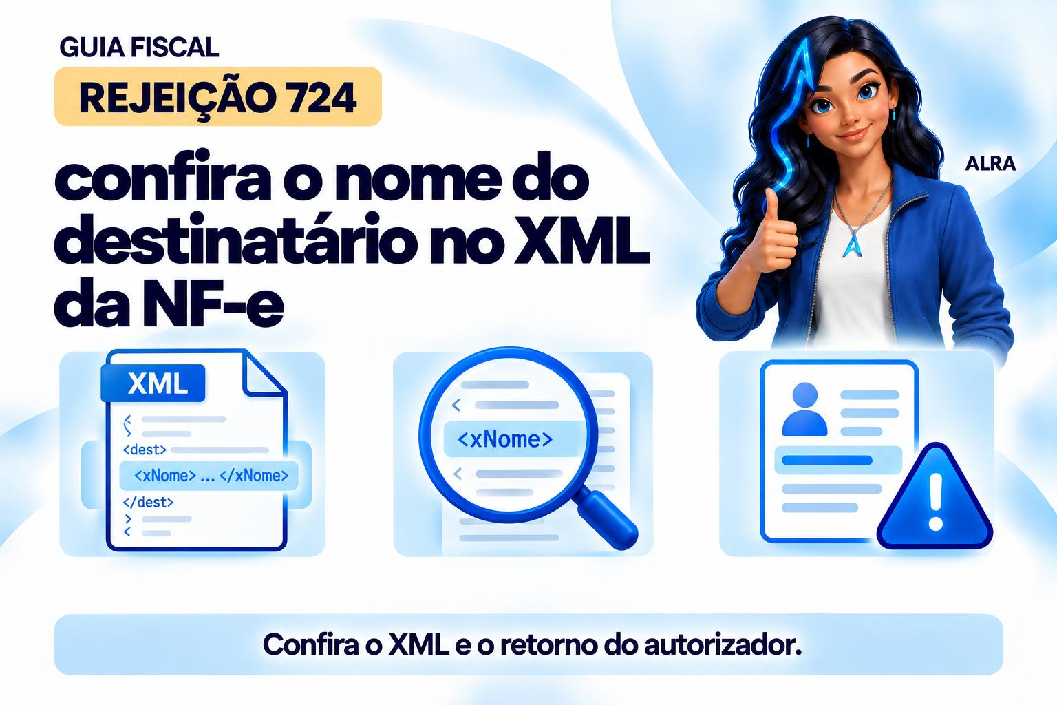 Capa ilustrada da ALRA: Rejeição 724: confira o nome do destinatário no XML da NF-e.