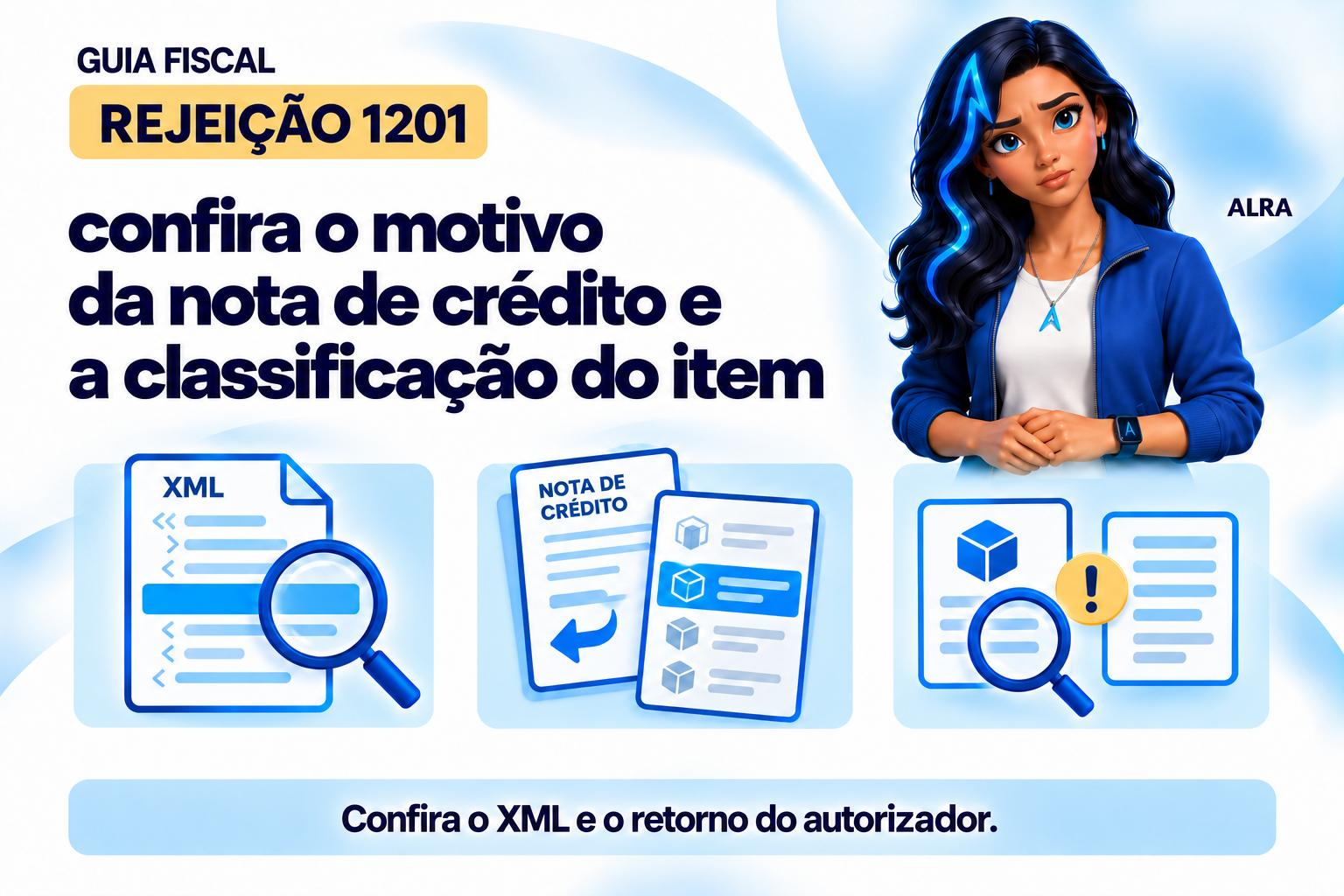 Capa ilustrada da ALRA: Rejeição 1201: confira o motivo da nota de crédito e a classificação do item.
